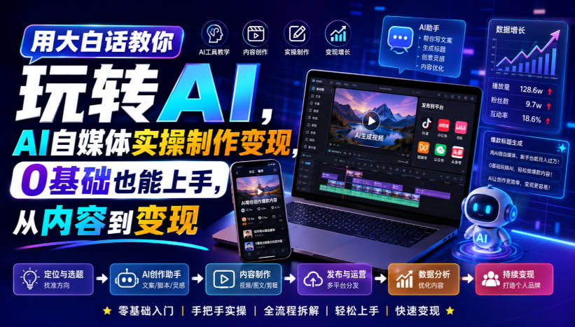 用大白话教你玩转AI，AI自媒体实操制作变现，0基础也能上手，从内容到变现-21资源库