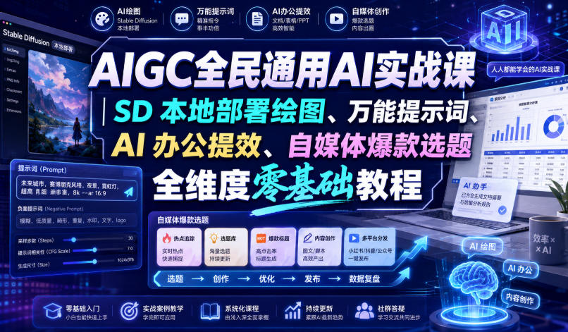AIGC全民通用AI实战课｜SD本地部署绘图、万能提示词、AI办公提效、自媒体爆款选题全维度零基础教程-21资源库