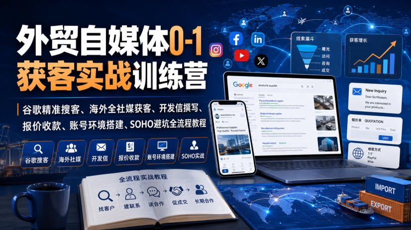 外贸自媒体0-1获客实战训练营｜谷歌精准搜客、海外全社媒获客、开发信撰写、报价收款、账号环境搭建、SOHO避坑全流程教程（更新）-21资源库