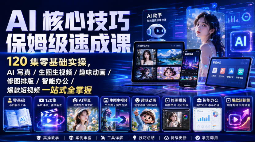 AI核心技巧保姆级速成课｜120集零基础实操，AI写真/生图生视频/趣味动画/修图排版/智能办公/爆款短视频一站式全掌握（更新）-21资源库
