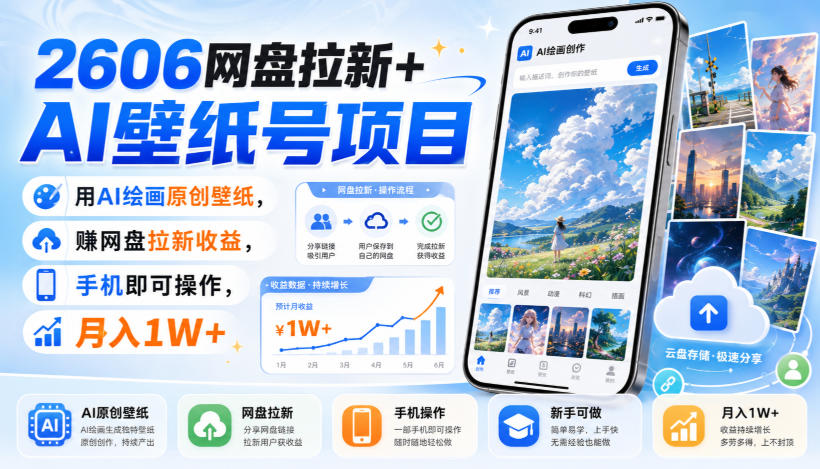 2606网盘拉新+AI壁纸号项目，用AI绘画原创壁纸，賺网盘拉新收益，手机即可操作，月入1W+-21资源库