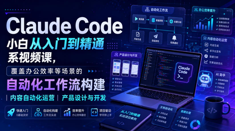 Claude Code小白从入门到精通系视频课，覆盖办公效率等场景的自动化工作流构建|内容自动化运营|产品设计与开发-21资源库