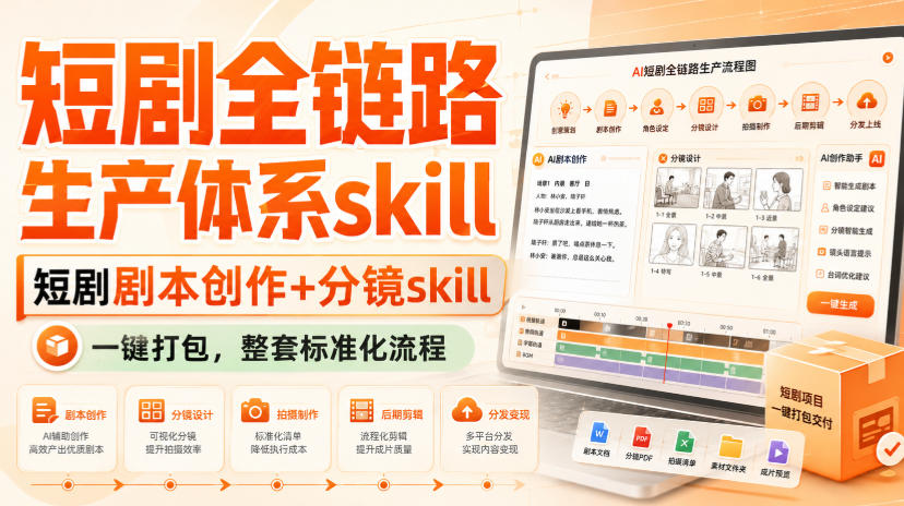 短剧全链路生产体系skill，短剧剧本创作+分镜skill，一键打包，整套标准化流程-21资源库