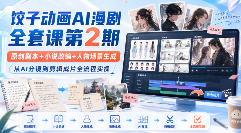 饺子动画AI漫剧全套课第2期：原创剧本+小说改编+人物场景生成，从AI分镜到剪辑成片全流程实操-21资源库