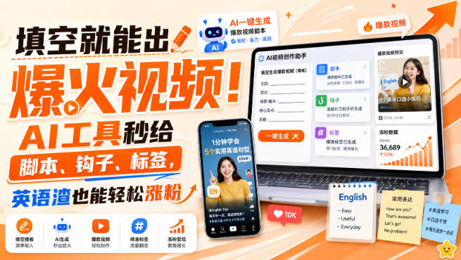 填空就能出爆火视频！AI工具秒给脚本、钩子、标签，英语渣也能轻松涨粉【原创双语字幕】-21资源库