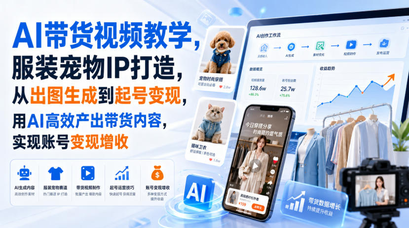 AI带货视频教学，服装宠物IP打造，从出图生成到起号变现，用AI高效产出带货内容，实现账号变现增收-21资源库
