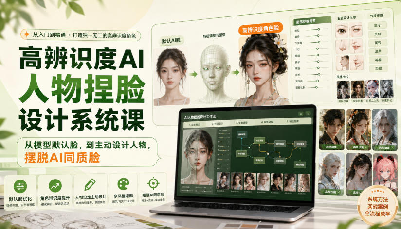 高辨识度AI人物捏脸设计系统课，从模型默认脸，到主动设计人物，摆脱AI同质脸-21资源库