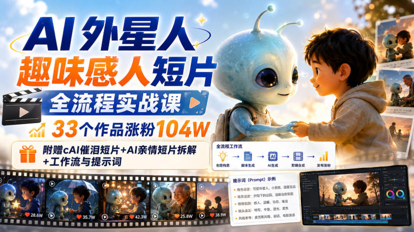 AI外星人趣味感人短片全流程实战课，33个作品涨粉104W，附赠AI催泪短片+AI亲情短片拆解+工作流与提示词-21资源库
