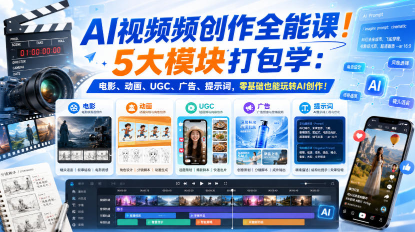 AI视频频创作全能课！5大模块打包学：电影、动画、UGC、广告、提示词，零基础也能玩转AI创作！【原创双语字幕】-21资源库