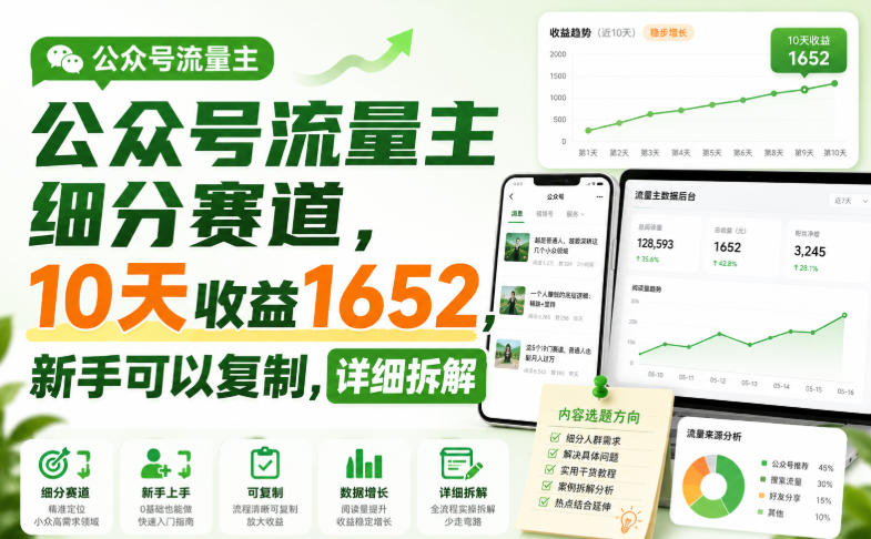 公众号流量主细分赛道，10天收益1652，新手可以复制，详细拆解-21资源库