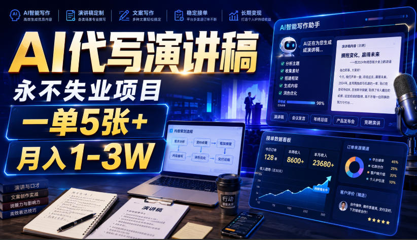 AI代写演讲稿，永不失业项目，一单5张+，月入1-3W【揭秘】-21资源库