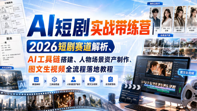 AI短剧实战带练营｜2026短剧赛道解析、AI工具链搭建、人物场景资产制作、图文生视频全流程落地教程-21资源库