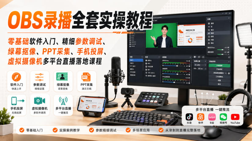 OBS录播全套实操教程｜零基础软件入门、精细参数调试、绿幕抠像、手机投屏、虚拟摄像机多平台直播落地课程-21资源库