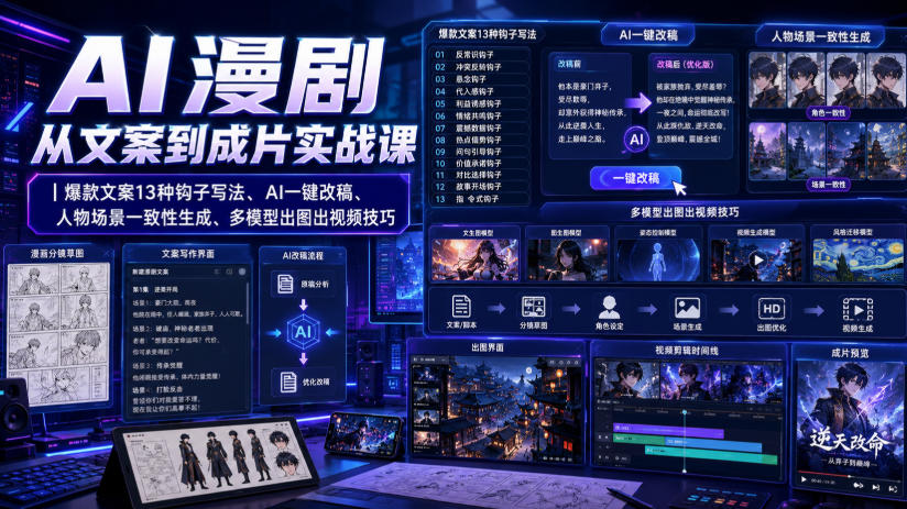 AI漫剧从文案到成片实战课｜爆款文案13种钩子写法、AI一键改稿、人物场景一致性生成、多模型出图出视频技巧-21资源库