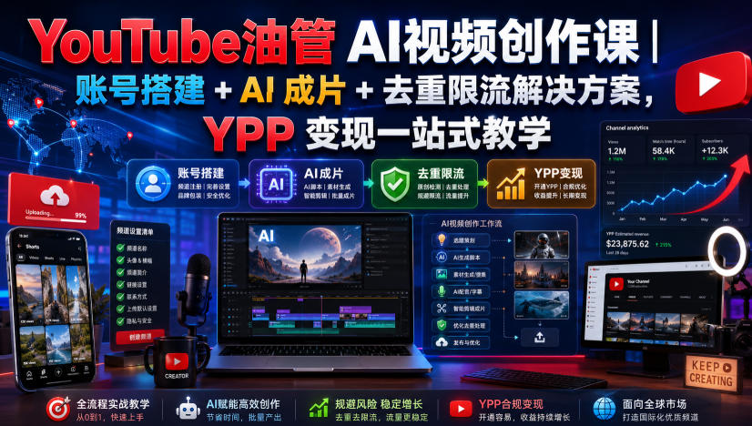 YouTube油管AI视频创作课｜账号搭建+AI成片+去重限流解决方案，YPP变现一站式教学-21资源库
