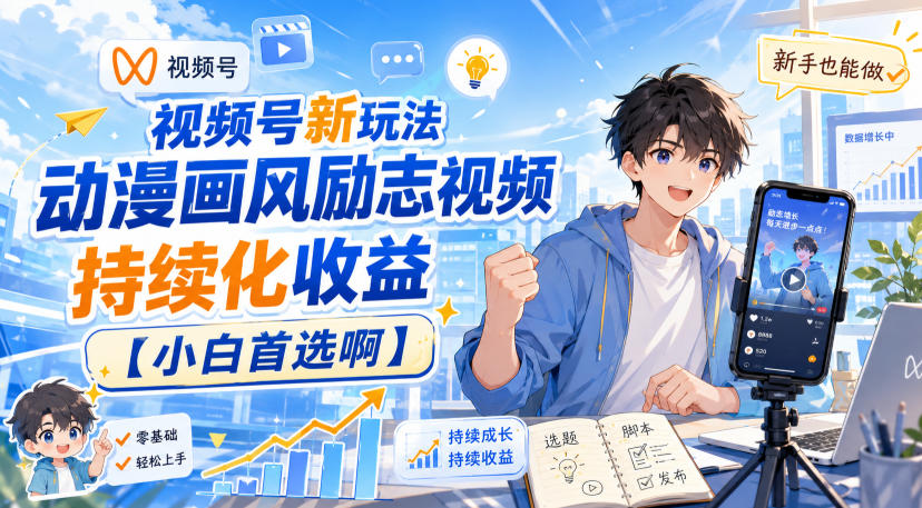 视频号新玩法动漫画风励志视频，持续化收益【小白首选啊】-21资源库