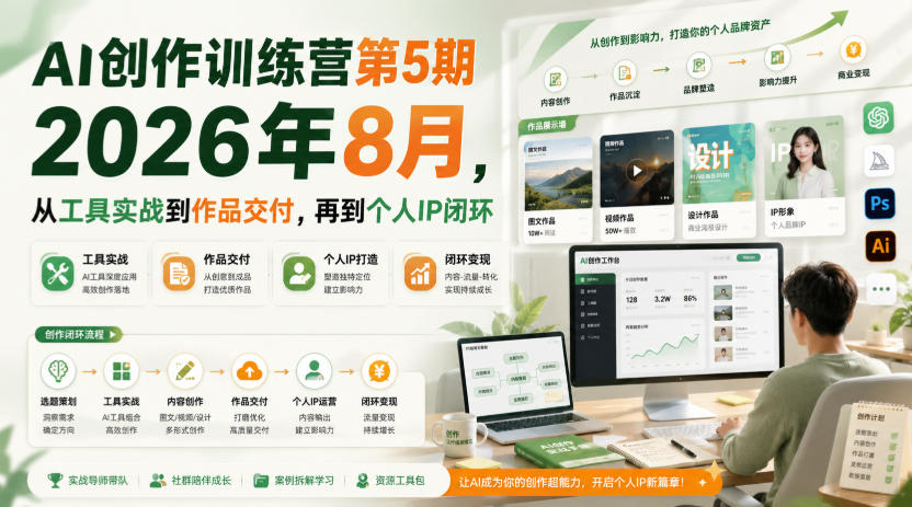 AI创作训练营第5期2026年8月，从工具实战到作品交付，再到个人IP闭环-21资源库