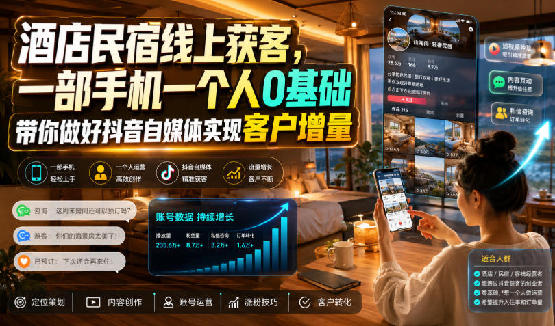 酒店民宿线上获客，一部手机一个人0基础带你做好抖音自媒体实现客户增量-21资源库