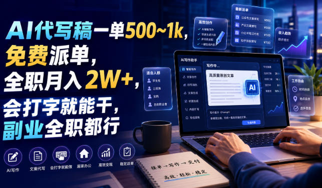 AI代写稿一单500~1k，免费派单，全职月入2W+，会打字就能干，副业全职都行【揭秘】-21资源库