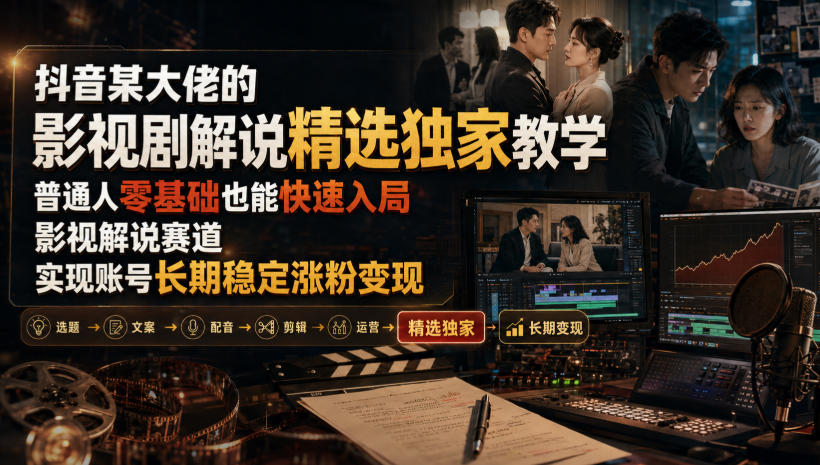 抖音某大佬的影视剧解说精选独家教学,普通人零基础也能快速入局影视解说赛道,实现账号长期稳定变现