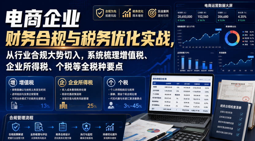 电商企业财务合规与税务优化实战，从行业合规大势切入，系统梳理增值税、企业所得税、个税等全税种要点-21资源库