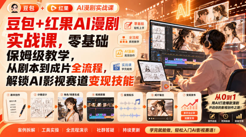 豆包+红果AI漫剧实战课，零基础保姆级教学，从剧本到成片全流程，解锁AI影视赛道变现技能-21资源库