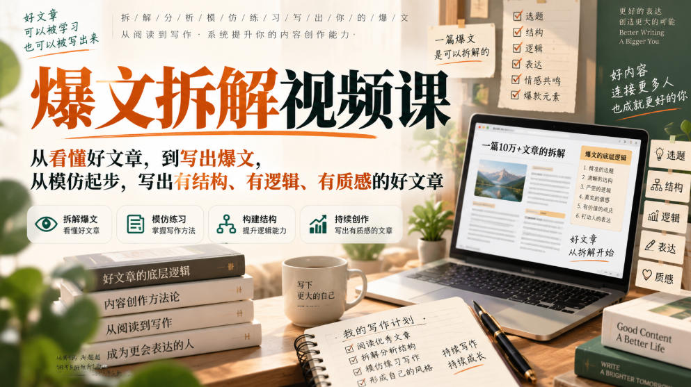 爆文拆解视频课，从看懂好文章，到写出爆文，从模仿起步，写出有结构、有逻辑、有质感的好文章-21资源库