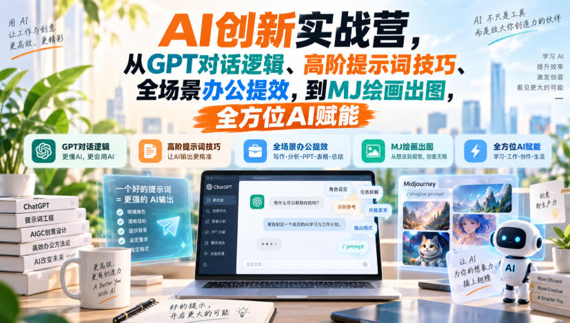 AI创新实战营，从GPT对话逻辑、高阶提示词技巧、全场景办公提效，到MJ绘画出图，全方位AI赋能-21资源库