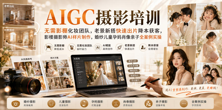 AIGC摄影培训｜无需影棚化妆团队，老景新搭快速出片降本获客，影楼摄影师AI样片制作，婚纱儿童孕妈肖像亲子全案例实操-21资源库