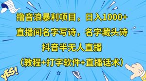 撸音浪暴利项目，日入1000+，直播间名字写诗，名字藏头诗，抖音半无人直播（教程+打字软件+直播话术）【揭秘】-21资源库
