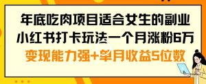 年底吃肉项目适合女生的副业小红书打卡玩法一个月涨粉6万+变现能力强+单月收益5位数【揭秘】-21资源库
