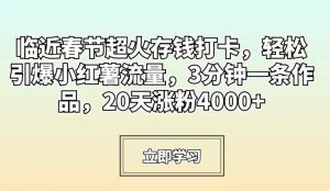 临近春节超火存钱打卡，轻松引爆小红薯流量，3分钟一条作品，20天涨粉4000+【揭秘】-21资源库