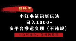 小红书笔记新玩法，日入1000+，多平台搬运变现（不违规），小白可操作，保姆级教程【揭秘】-21资源库
