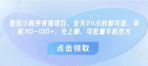 微信小程序变现项目，全天24小时都可做，单机30-100+，无上限，可批量手机放大-21资源库