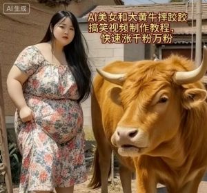 AI美女和大黄牛摔跤搞笑荒诞视频制作教程,快速涨千粉万粉-21资源库