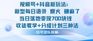 视频号加抖音新玩法：爆火新型每日语录，收徒教学加分成计划，三种变现玩法，当日变现7张-21资源库