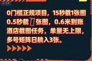 0门槛正规项目,15秒截1张图,0.6米到账,酒店截图任务,单量无上限,多号矩阵日躺入3张【揭秘】-21资源库