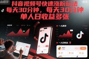 抖音视频号快速涨粉玩法,每天30分钟,单人日收益多张-21资源库