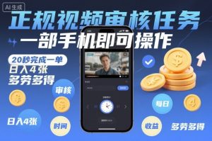 正规视频审核任务,一部手机即可操作,20秒完成一单,日入4张,多劳多得【揭秘】-21资源库