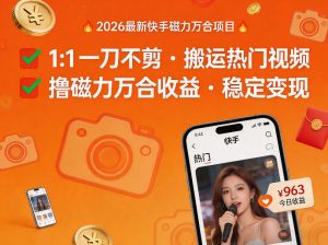 2026年最新快手磁力万合项目，1比1一刀不剪搬运热门视频，撸磁力万合收益-21资源库