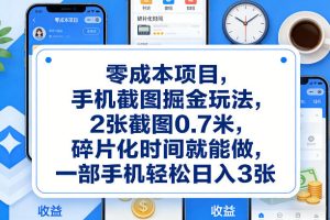 零成本项目，手机截图掘金玩法，2张截图0.7米，碎片化时间就能做，一部手机轻松日入3张【揭秘】-21资源库