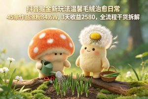 抖音掘金新玩法温馨毛绒治愈日常，45条作品涨粉84.6W，3天收益2580，全流程干货拆解-21资源库