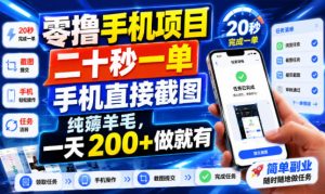 零撸手机项目，二十秒一单，手机直接截图，纯薅羊毛，一天200+做就有【揭秘】-21资源库